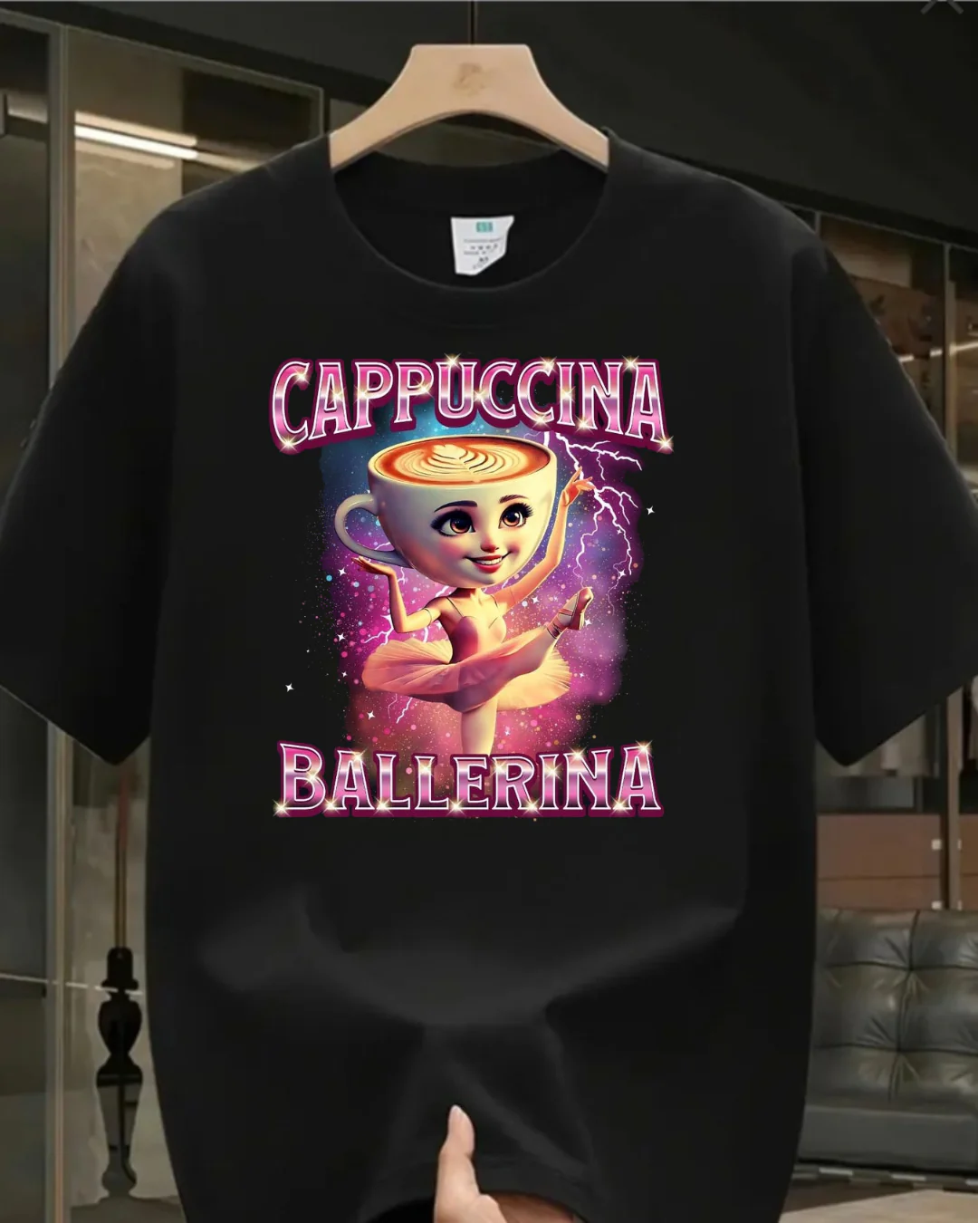 Siyah Cappuccino Ballerina Baskılı Yıkamalı Vintage Unisex Oversize T-Shirt