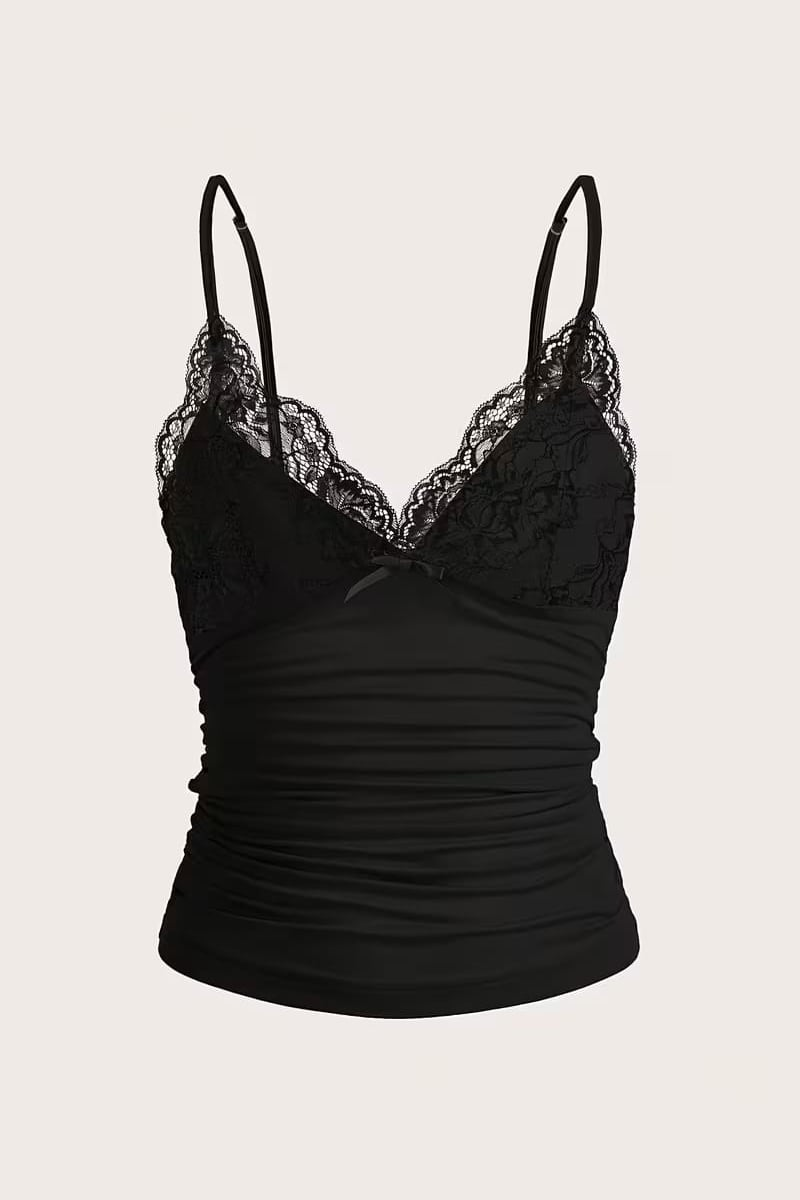 Siyah Dantel Detaylı Fiyonklu Y2K Askılı Crop