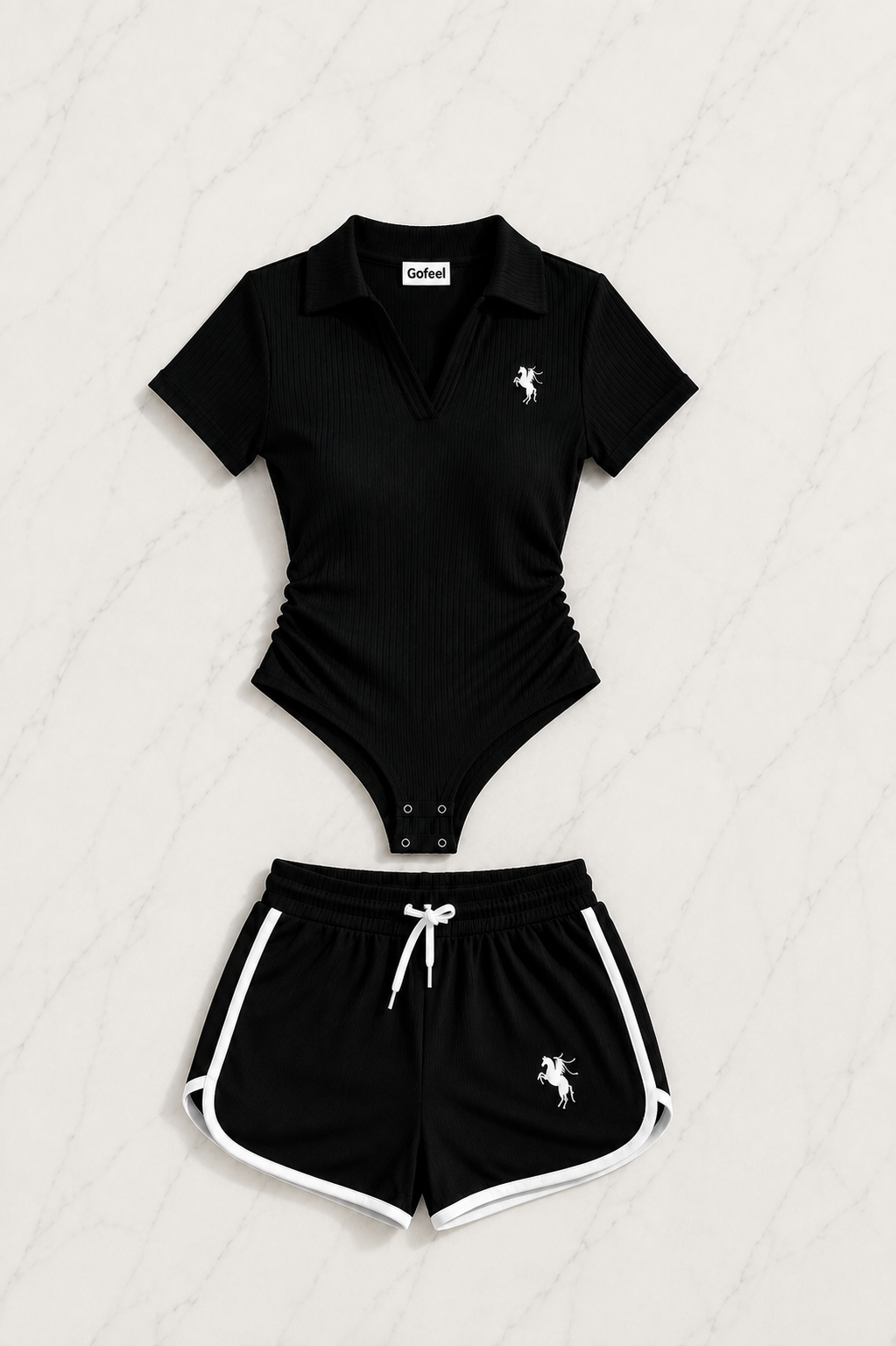 Siyah Fit Polo Yaka Bodysuit Şort Takım
