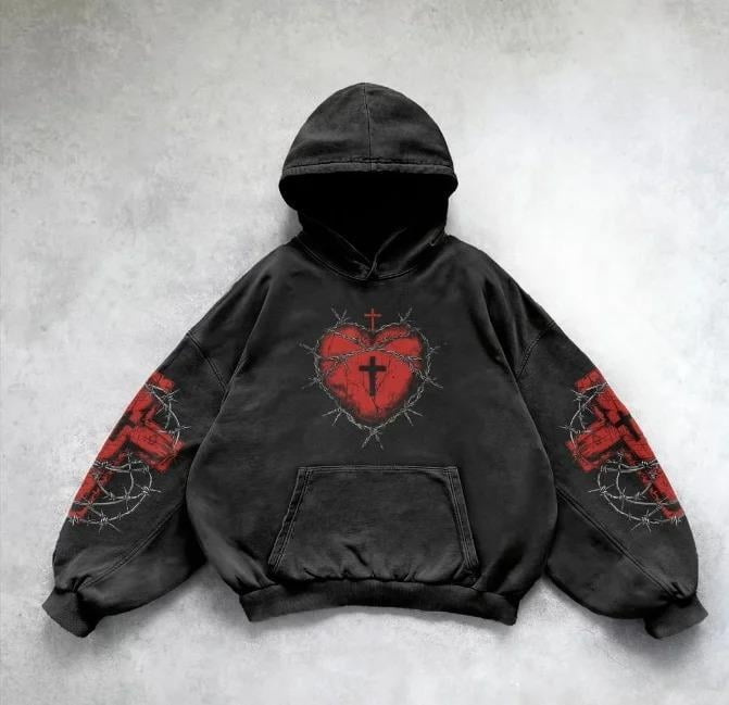 Siyah Gothic Barbed Wire Heart Cross Kapüşonlu Sweatshirt