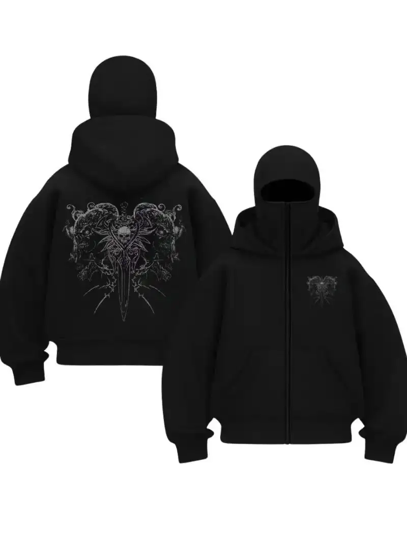 Siyah Gothic Warrior Baskılı Kar Maskeli Unisex Sweatshirt Hırka