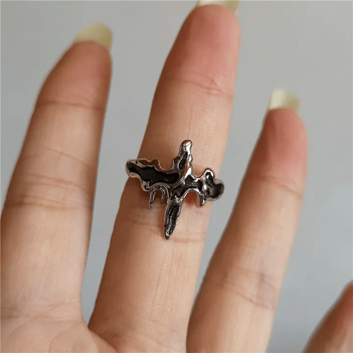 Siyah Gotik Çapraz Mini Minimal Unisex Yüzük