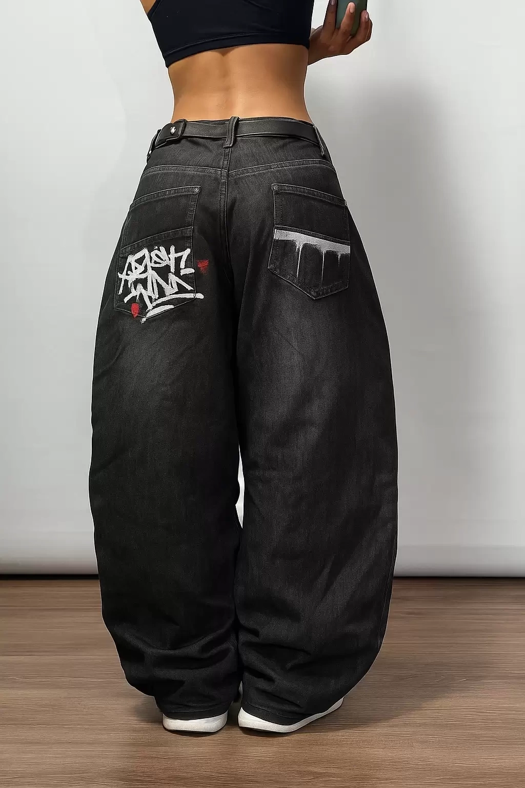 Siyah Grafiti Yıkamalı Harajuku Baggy Y2K Pantolon