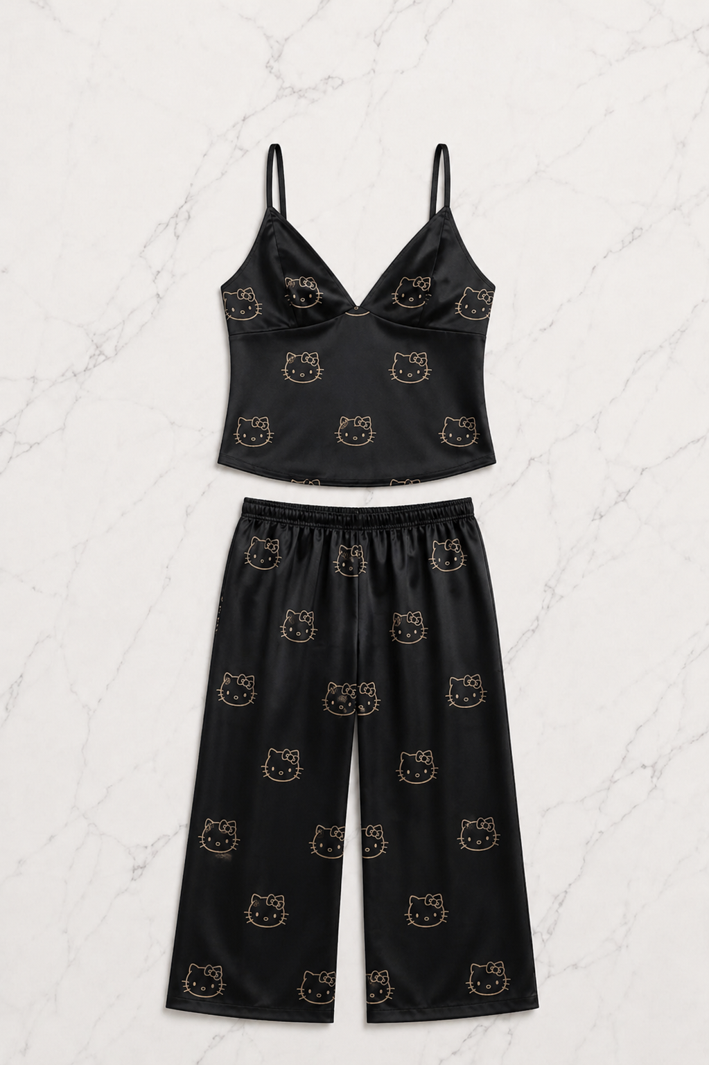 Siyah Hello Kitty Taş Detaylı Saten Homewear Pijama Takımı