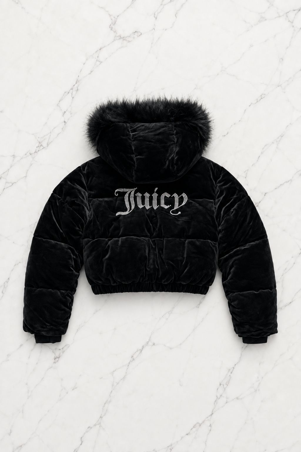 Siyah Juicy Peluş Kapüşonlu Şişme Crop Mont