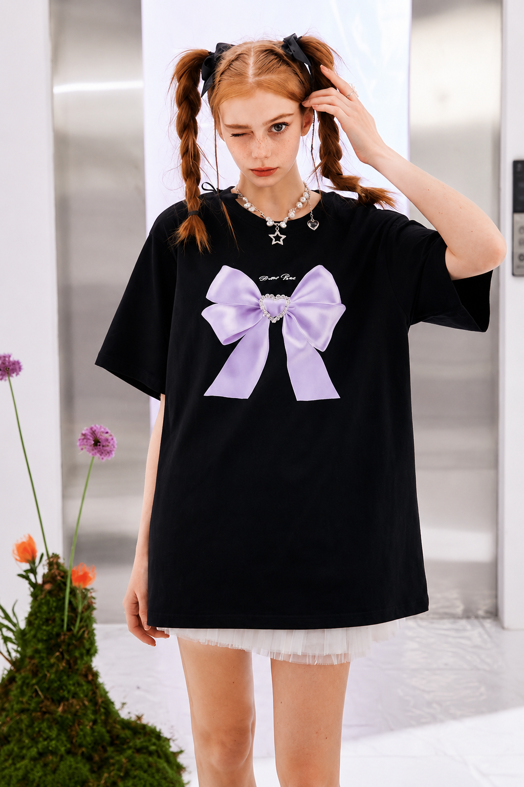 Siyah Kurdele Detail Oversize Unisex T-shirt
