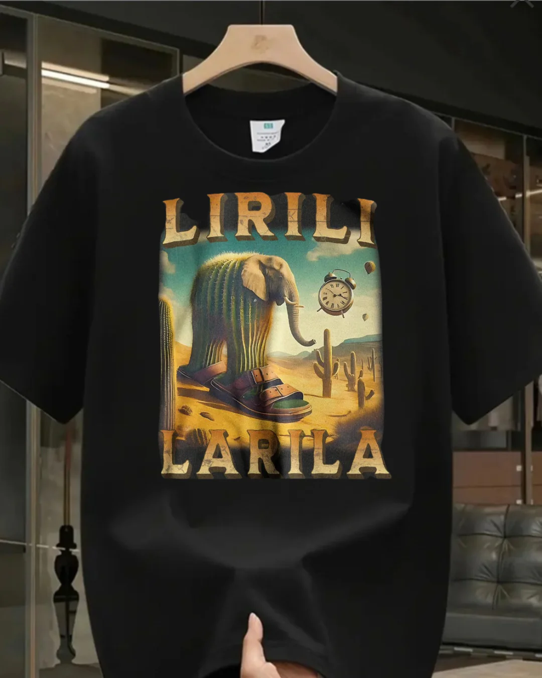 Siyah Lirili Larila Baskılı Yıkamalı Vintage Unisex Oversize T-Shirt