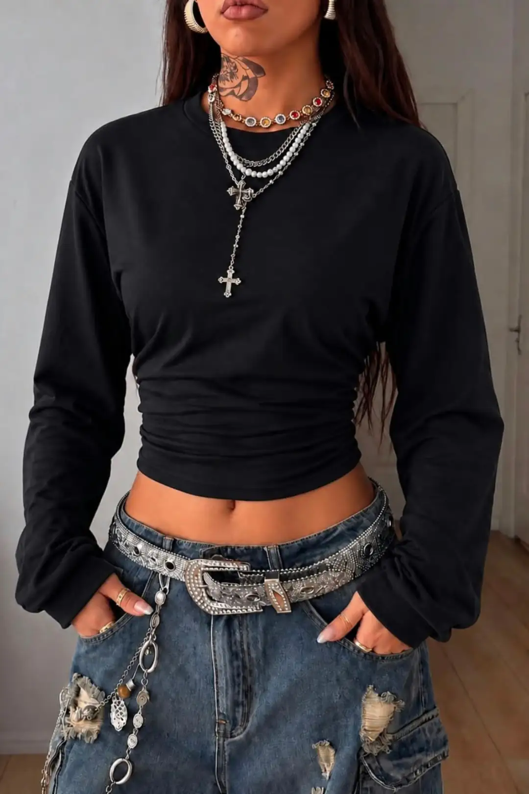 Siyah LOOC Corset Uzun Kollu Beli Büzgülü Bluz