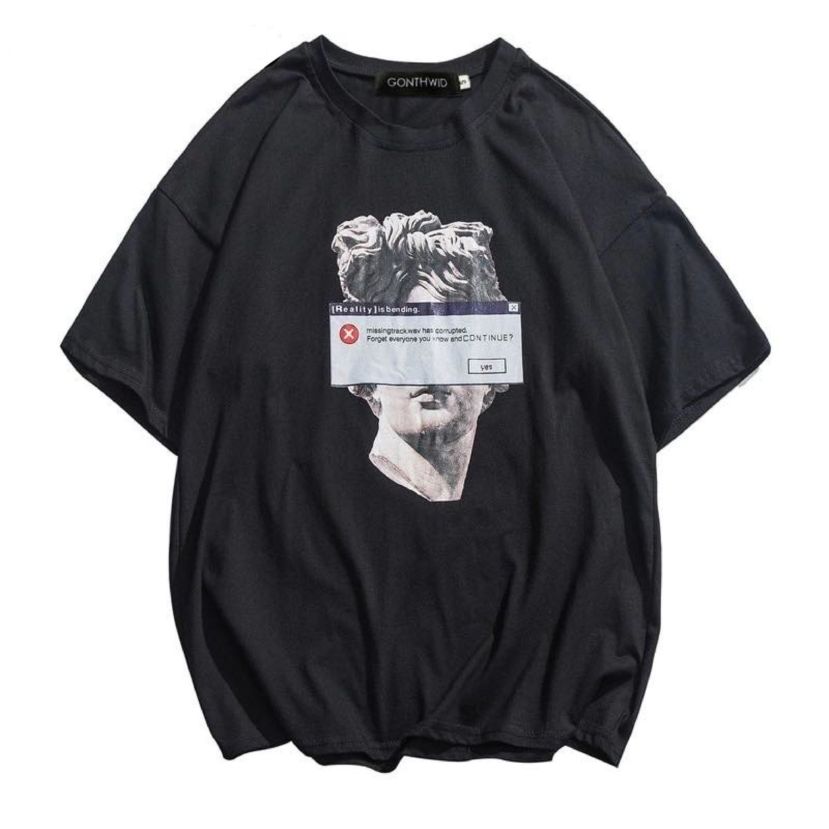 Siyah Michelangelo Heykeli Baskılı Kısa Kol Oversize T-Shirt