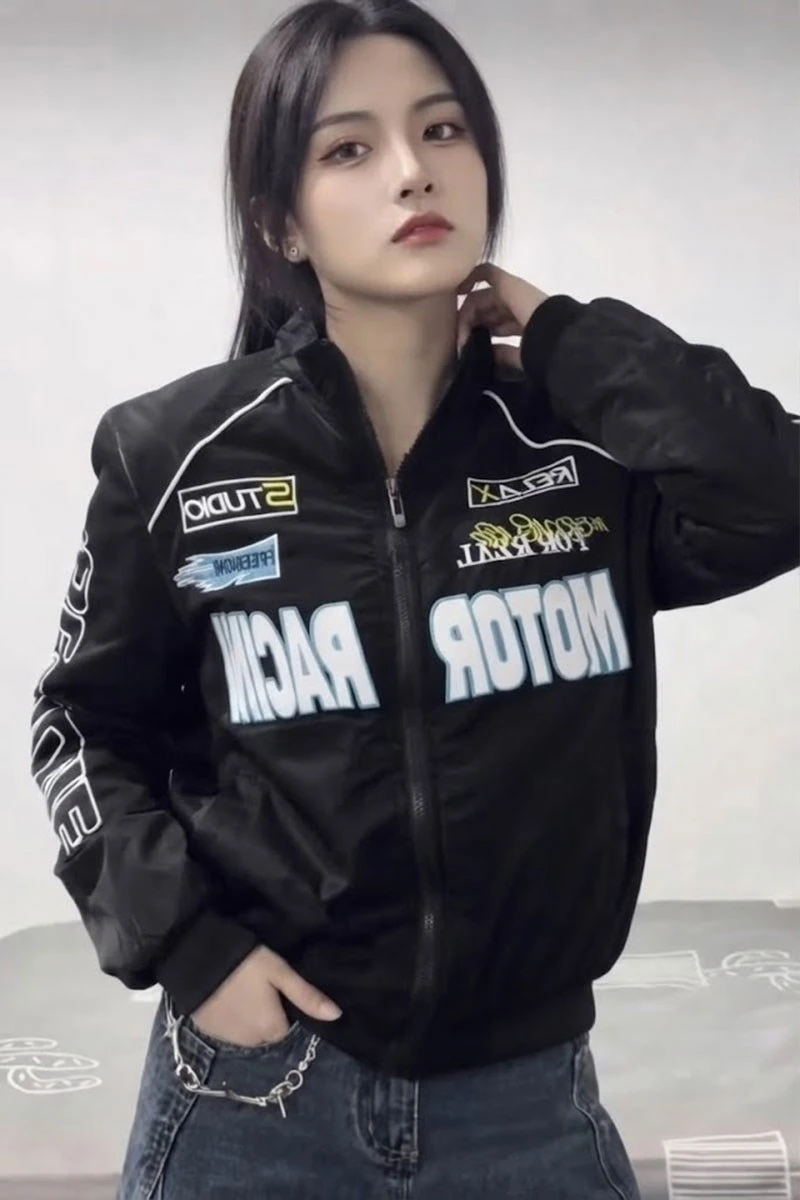 Siyah Motor Racer Retro Y2K Unisex Ceket