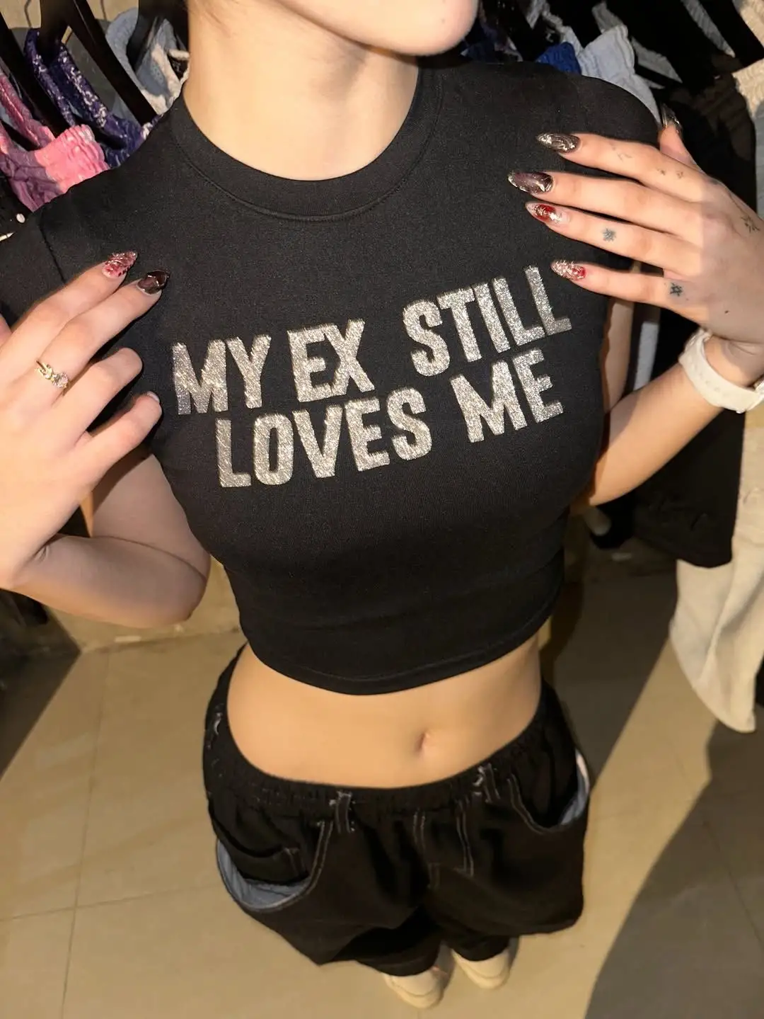 Siyah My Ex Stıll Loves Me Taş Baskılı Crop