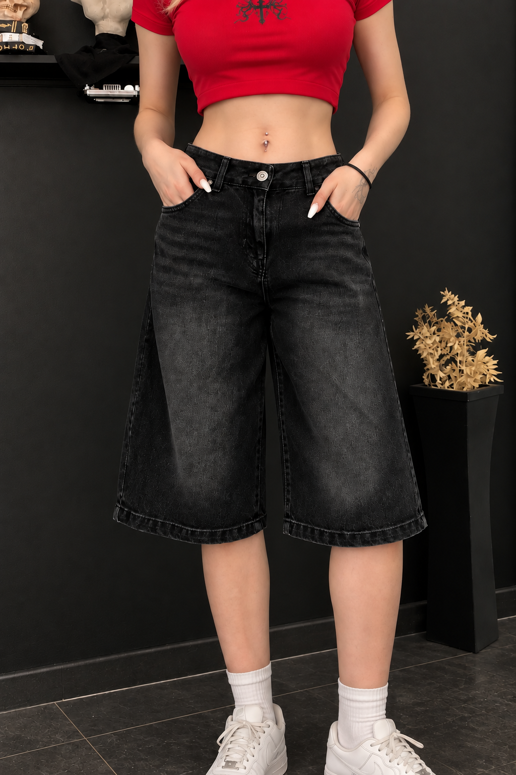 Siyah Retro Eskitme Premium Kot Şort