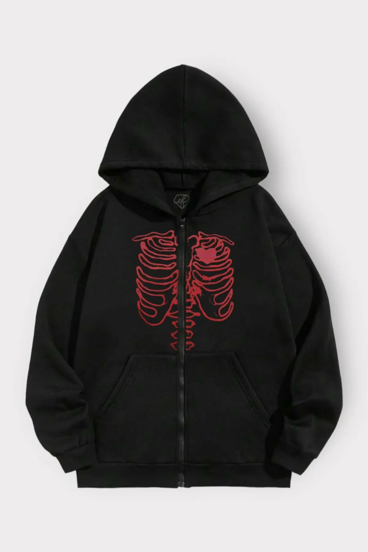 Siyah Rib Skeleton Unisex Kapüşonlu Fermuarlı Hırka