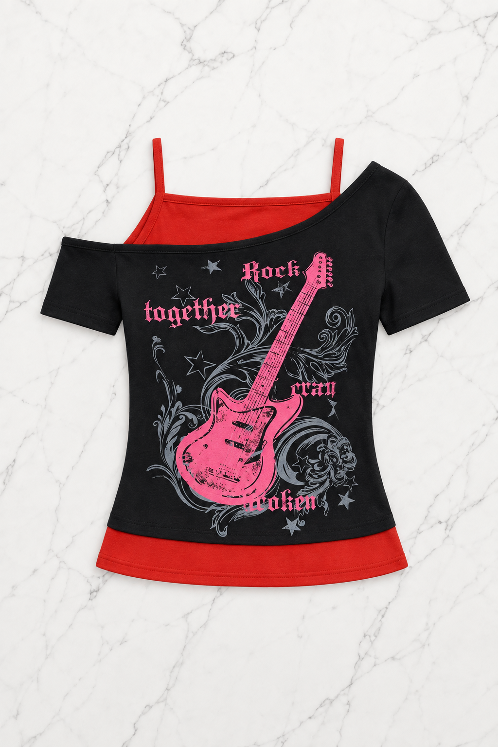 Siyah Rock Together Pink Guitar Ek Askılı Kısa Kollu Gotik Y2K Full Body Crop-rf