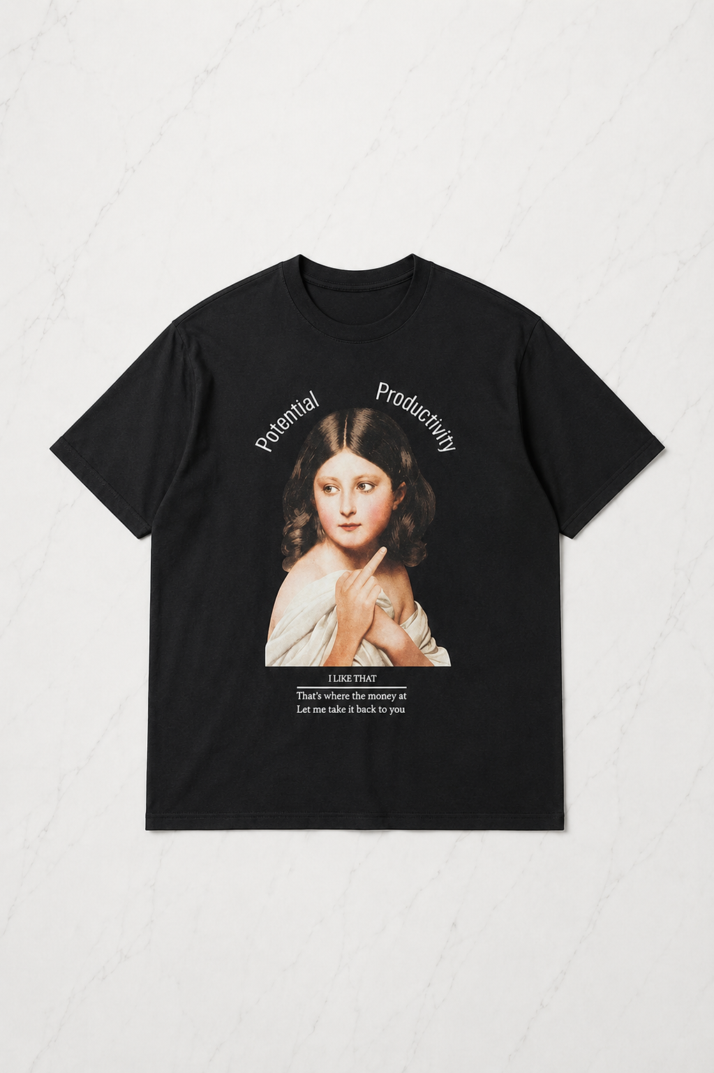 Siyah Rönesans Kız Baskılı Kısa Kol Oversize T-Shirt