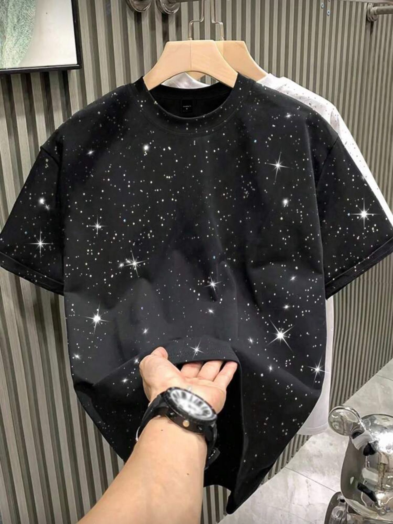 Siyah Shine Parıltılı Simli Oversize Unisex T-shirt