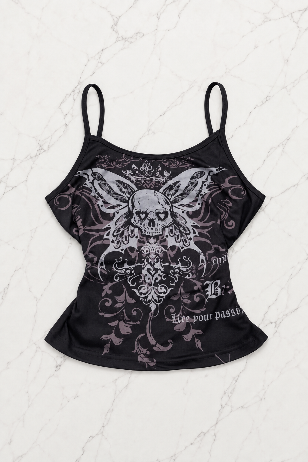 Siyah Skull Ambition Gotik Rose Y2K Askılı Crop