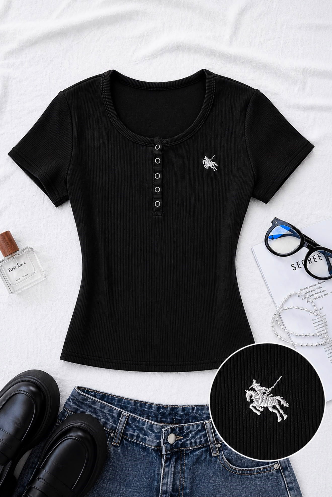 Siyah Soft Detaylı Nakışlı Çıtçıtlı Bluz