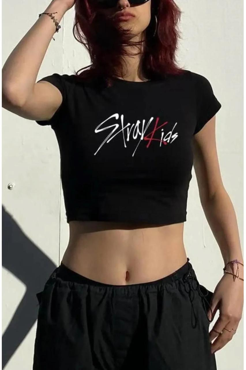 Siyah Stay Kids Detail Crop Top