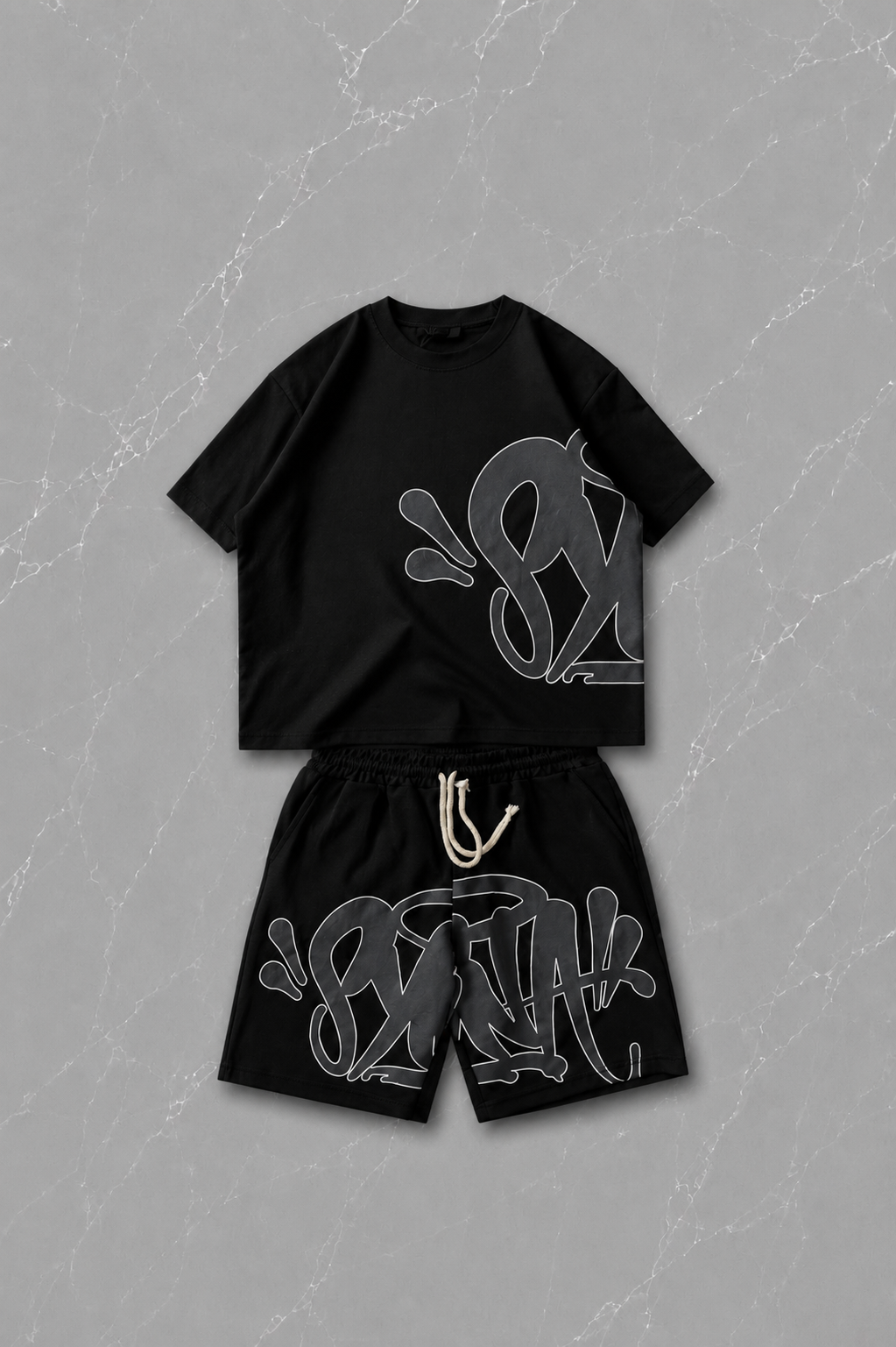Siyah Street Graffiti Beyaz Unisex T-shirt & Şort Takım