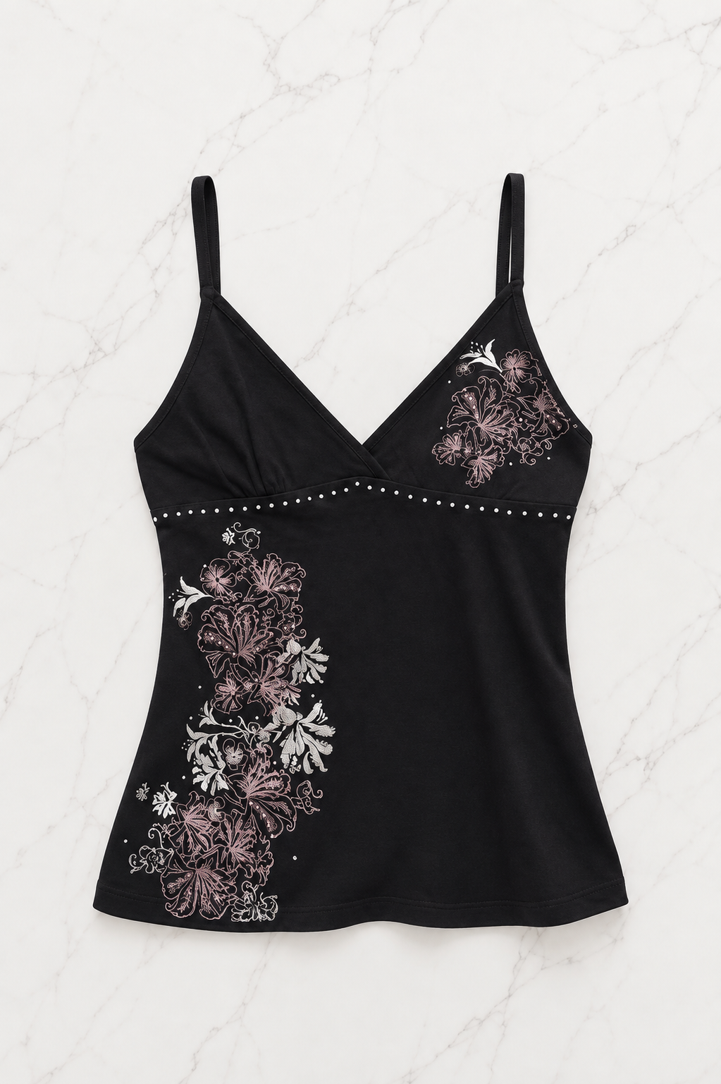 Siyah Taşlı Floral Desenli Vintage Y2K Askılı Crop