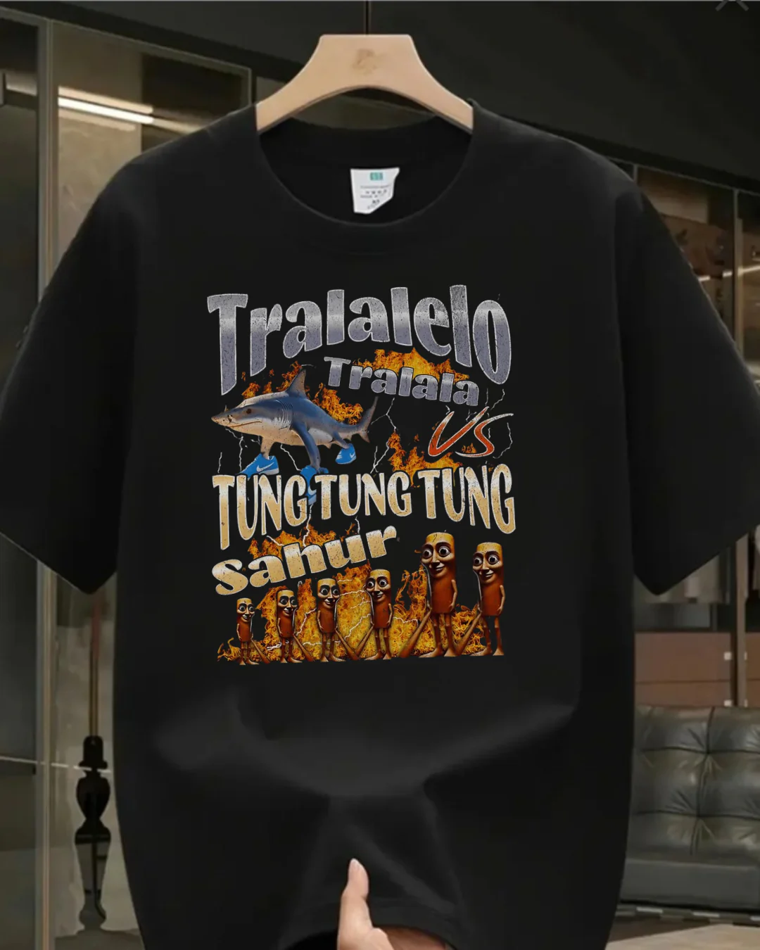 Siyah Tung Tung Tung Sahur vs Tralalero Tralala Baskılı Yıkamalı Vintage Unisex Oversize T-Shirt
