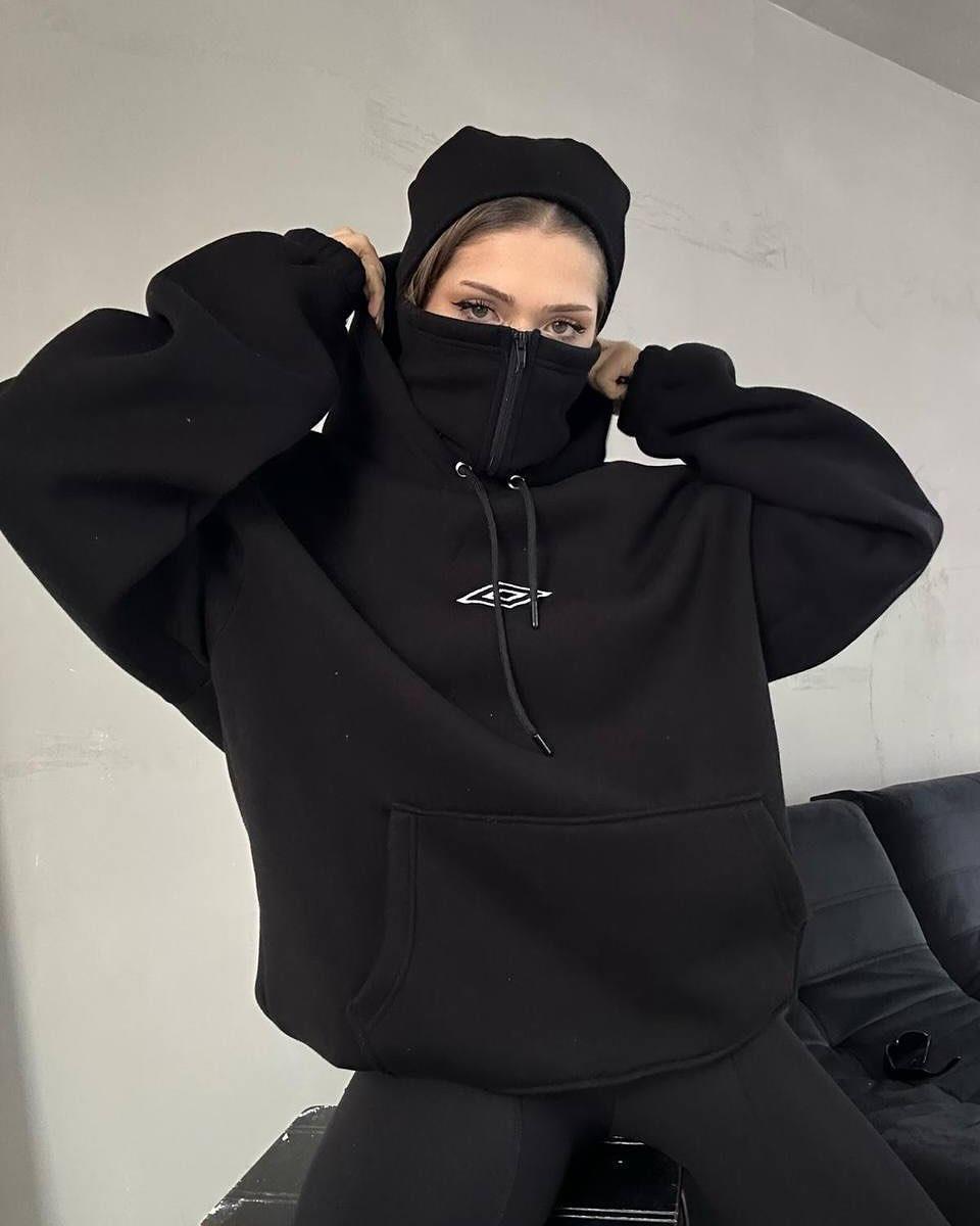 Siyah Unisex Kar Maskeli Baskılı Kapüşonlu Oversize Hırka