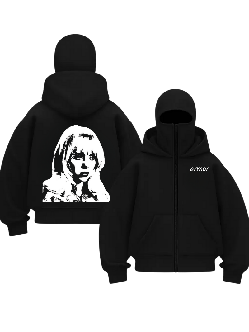 Siyah Unisex Kar Maskeli Billie Eilish Baskılı Oversize Hırka