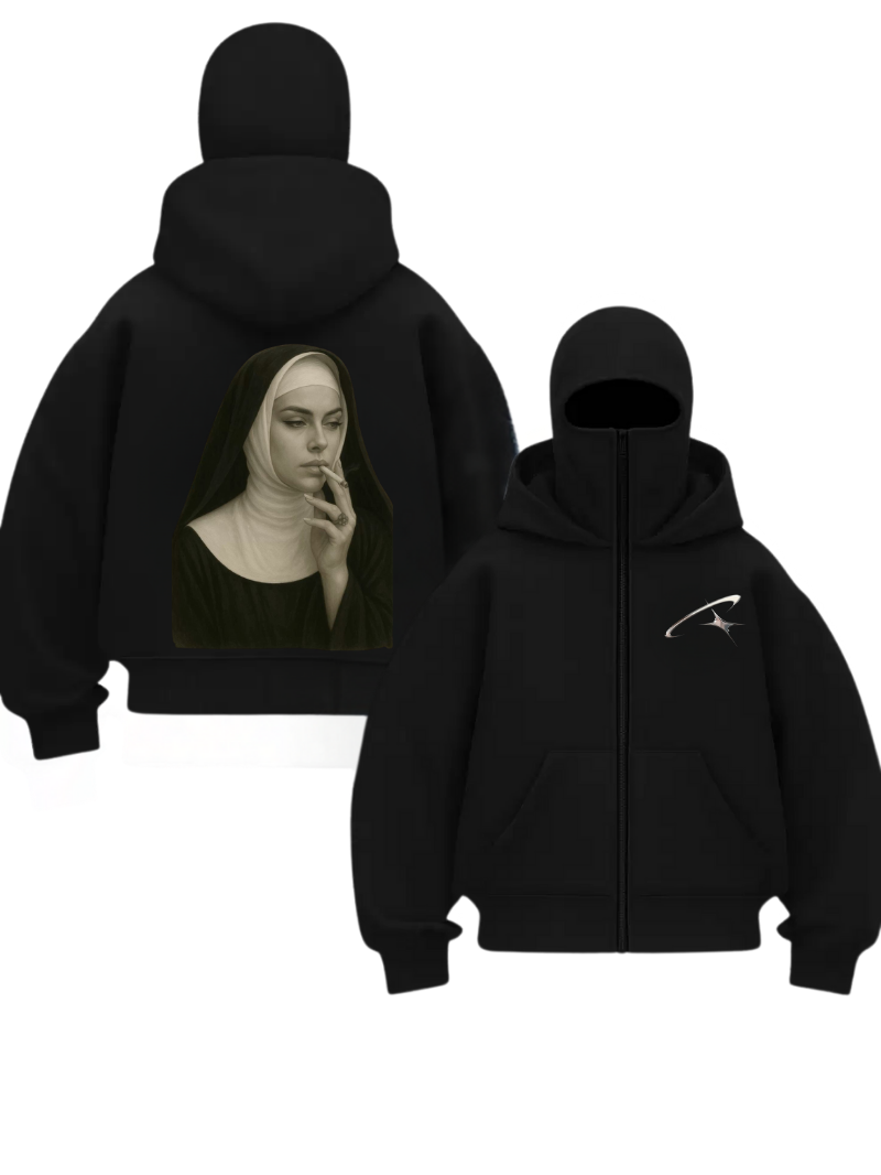 Siyah Unisex Kar Maskeli Cigarette Rahibe Baskılı Oversize Hırka