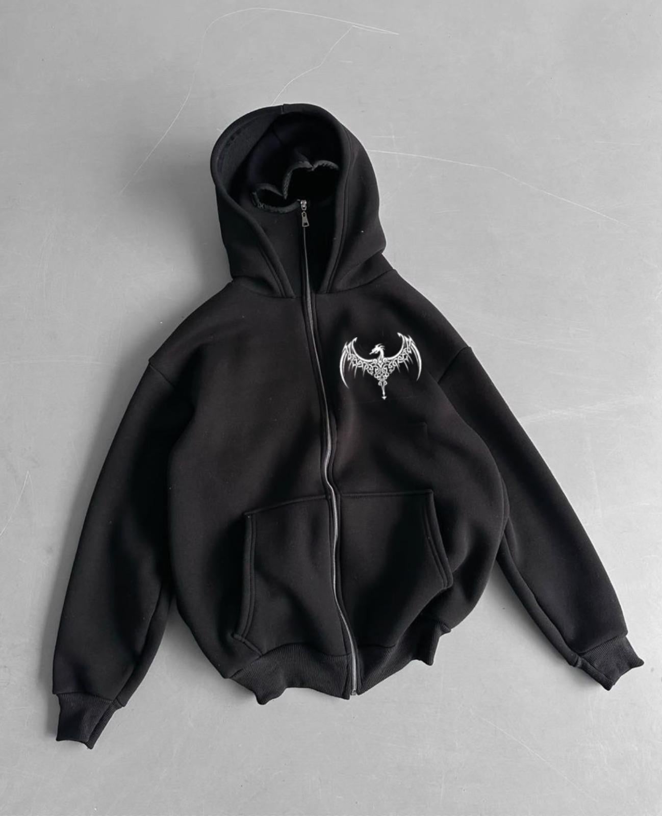 Siyah Unisex Kar Maskeli Ejderha Baskılı Kapüşonlu Oversize Hırka 