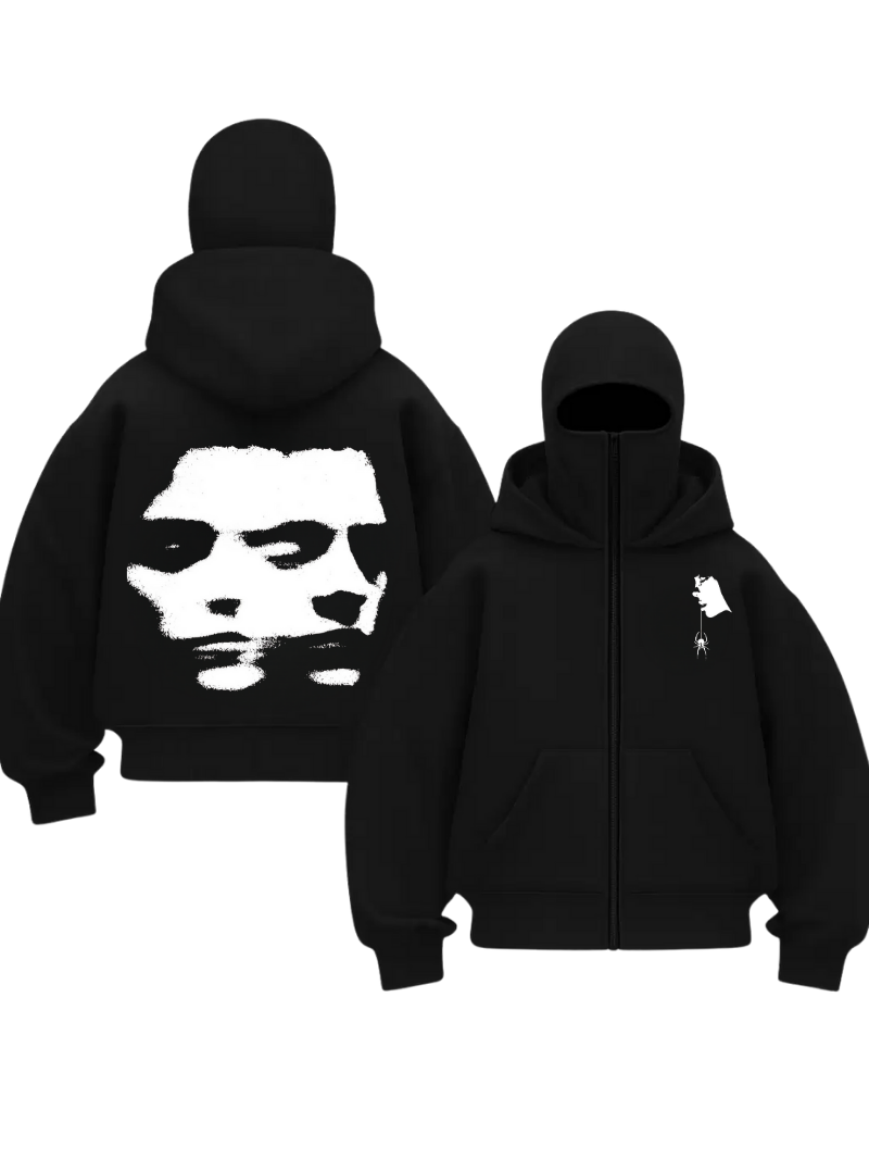 Siyah Unisex Kar Maskeli Face To Face Baskılı Oversize Hırka