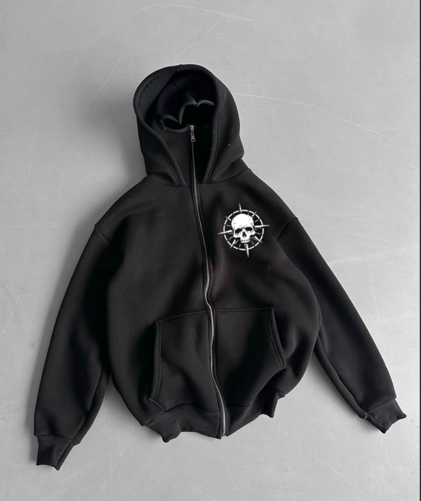 Siyah Unisex Kar Maskeli Kuru Kafa Baskılı Kapüşonlu Oversize Hırka 
