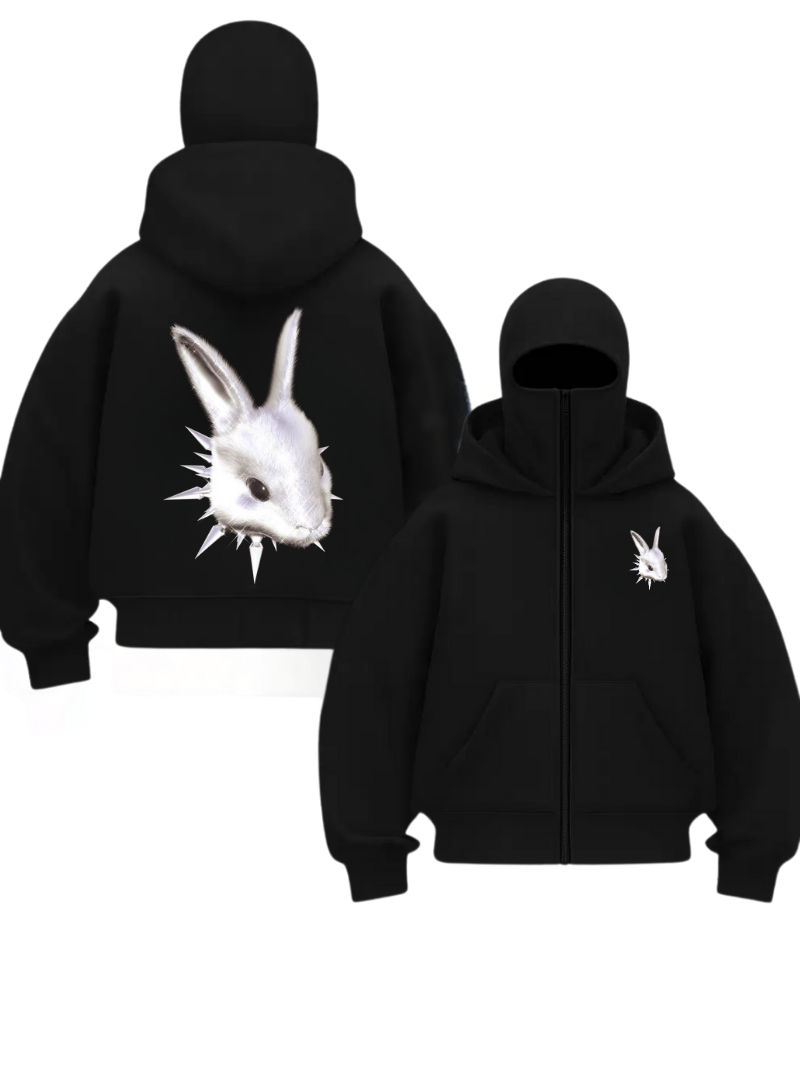 Siyah Unisex Kar Maskeli Rabbit Baskılı Oversize Hırka