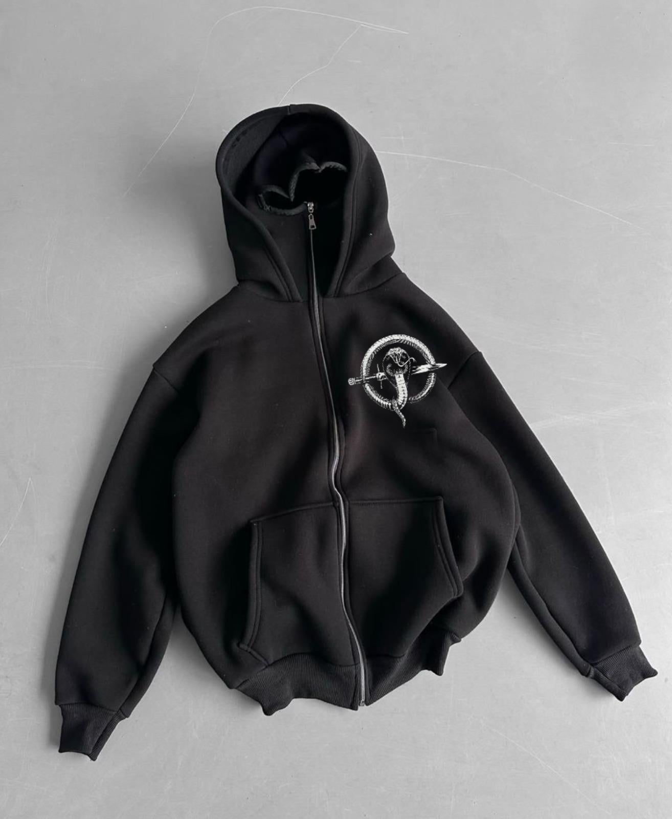 Siyah Unisex Kar Maskeli Yılan Baskılı Kapüşonlu Oversize Hırka 