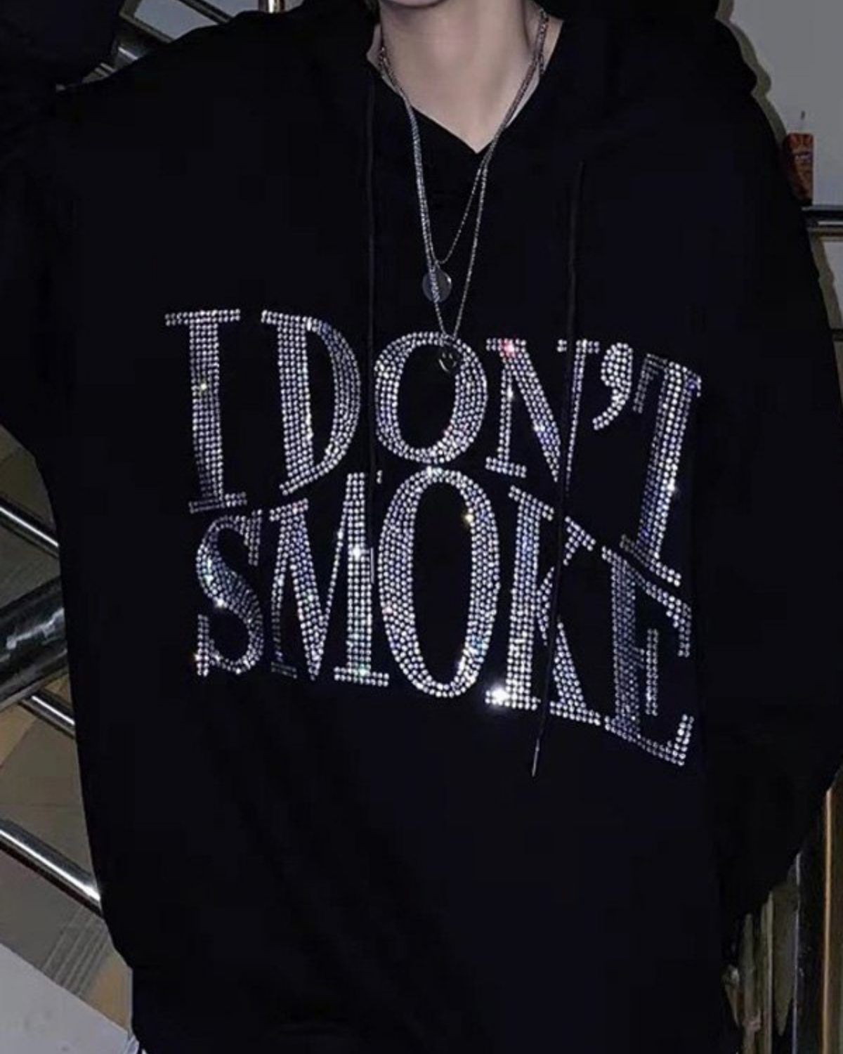 Siyah Unisex Oversize Beyaz I Dont Smoke Parıltılı Taş Baskılı Sweatshirt