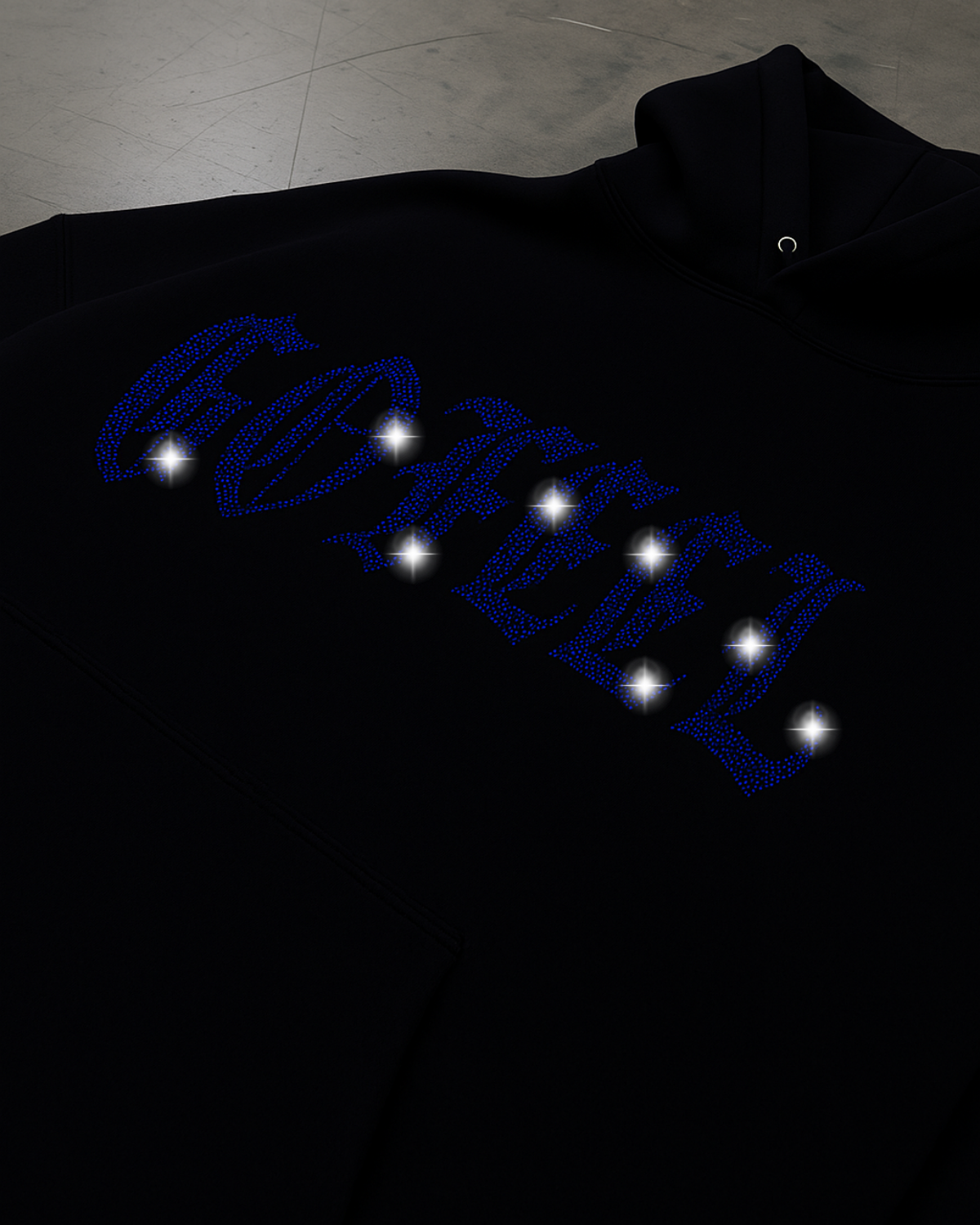 Siyah Unisex Oversize Mavi Gofeel Parıltılı Taş Baskılı Sweatshirt