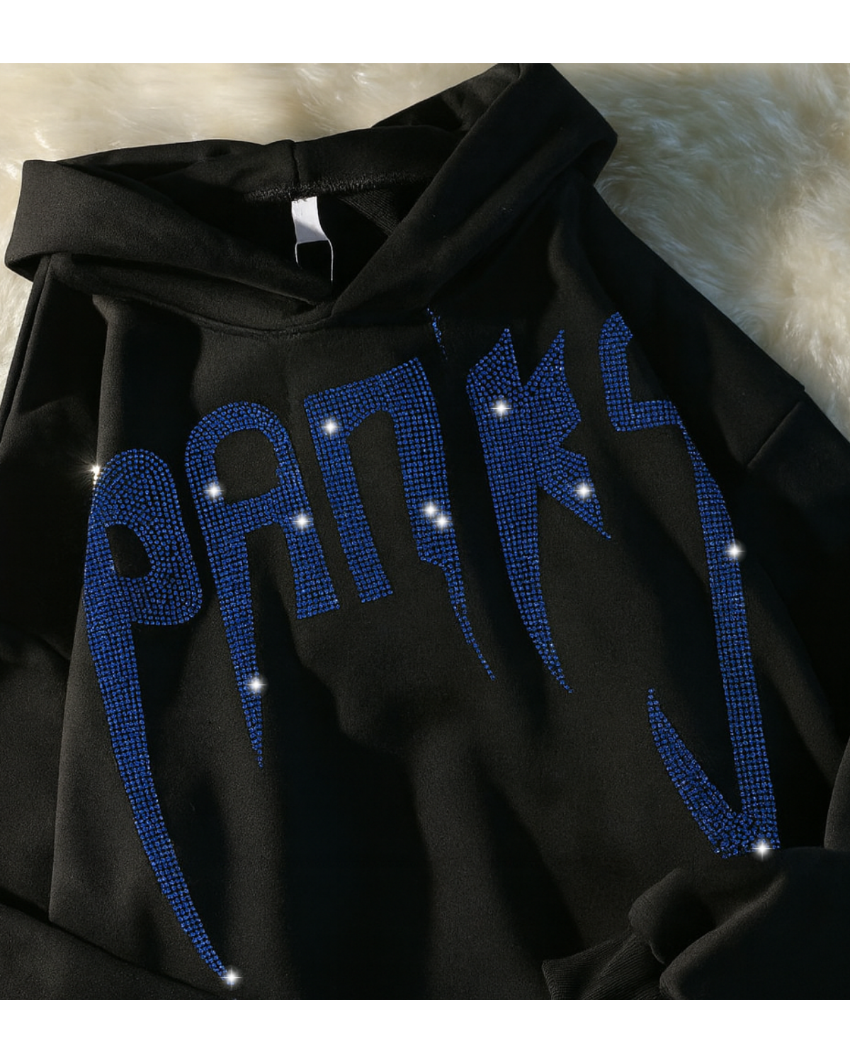 Siyah Unisex Oversize Mavi Panks Parıltılı Taş Baskılı Sweatshirt