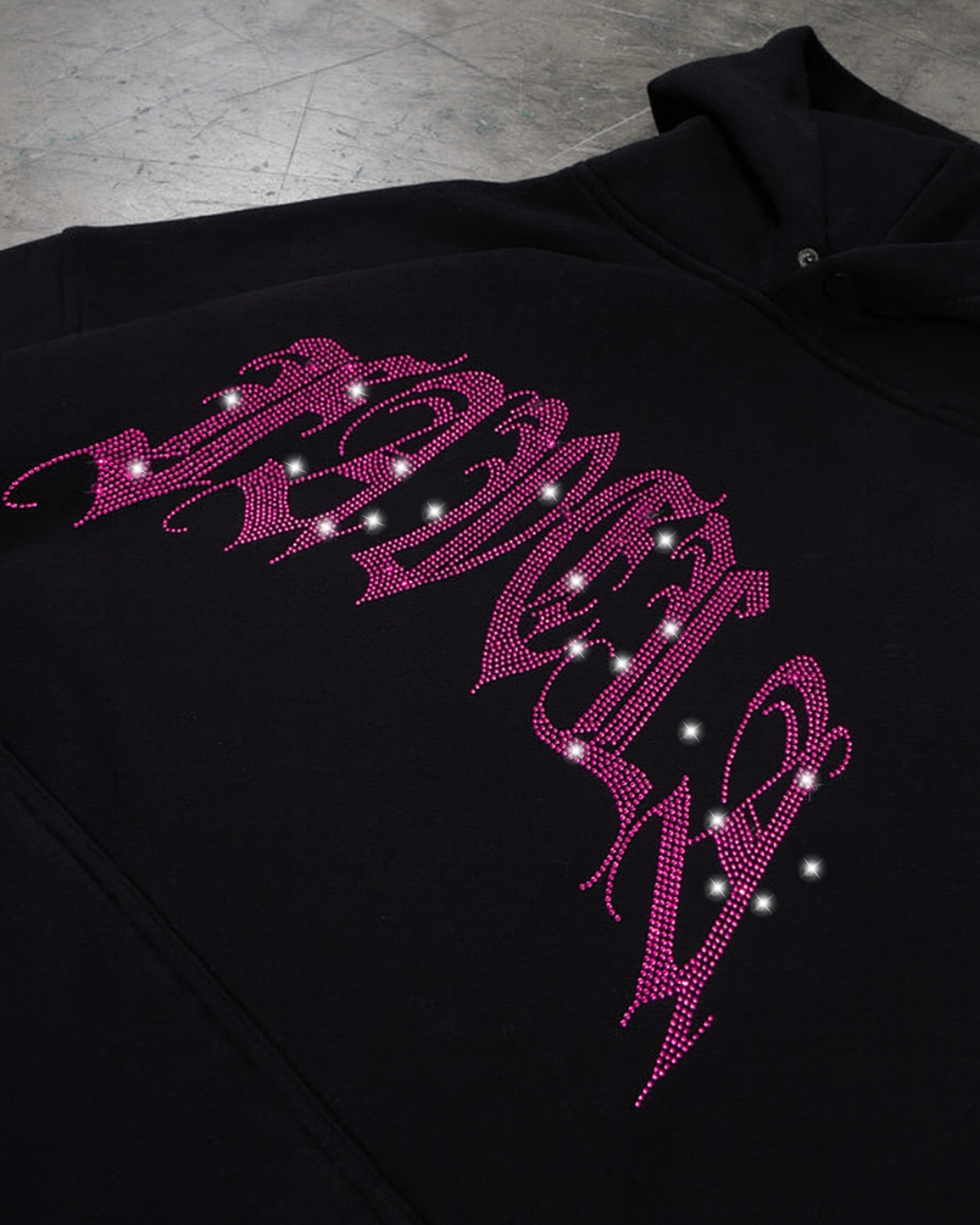 Siyah Unisex Oversize Pembe Favela Parıltılı Taş Baskılı Sweatshirt