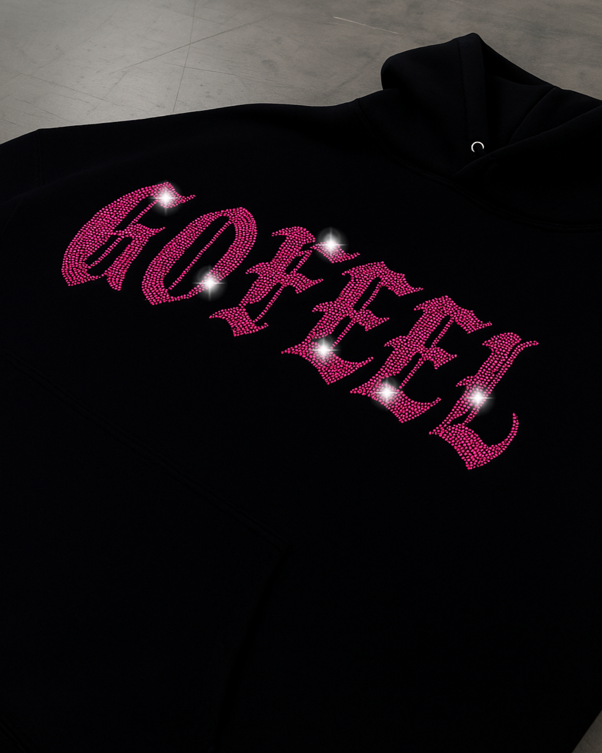 Siyah Unisex Oversize Pembe Gofeel Parıltılı Taş Baskılı Sweatshirt