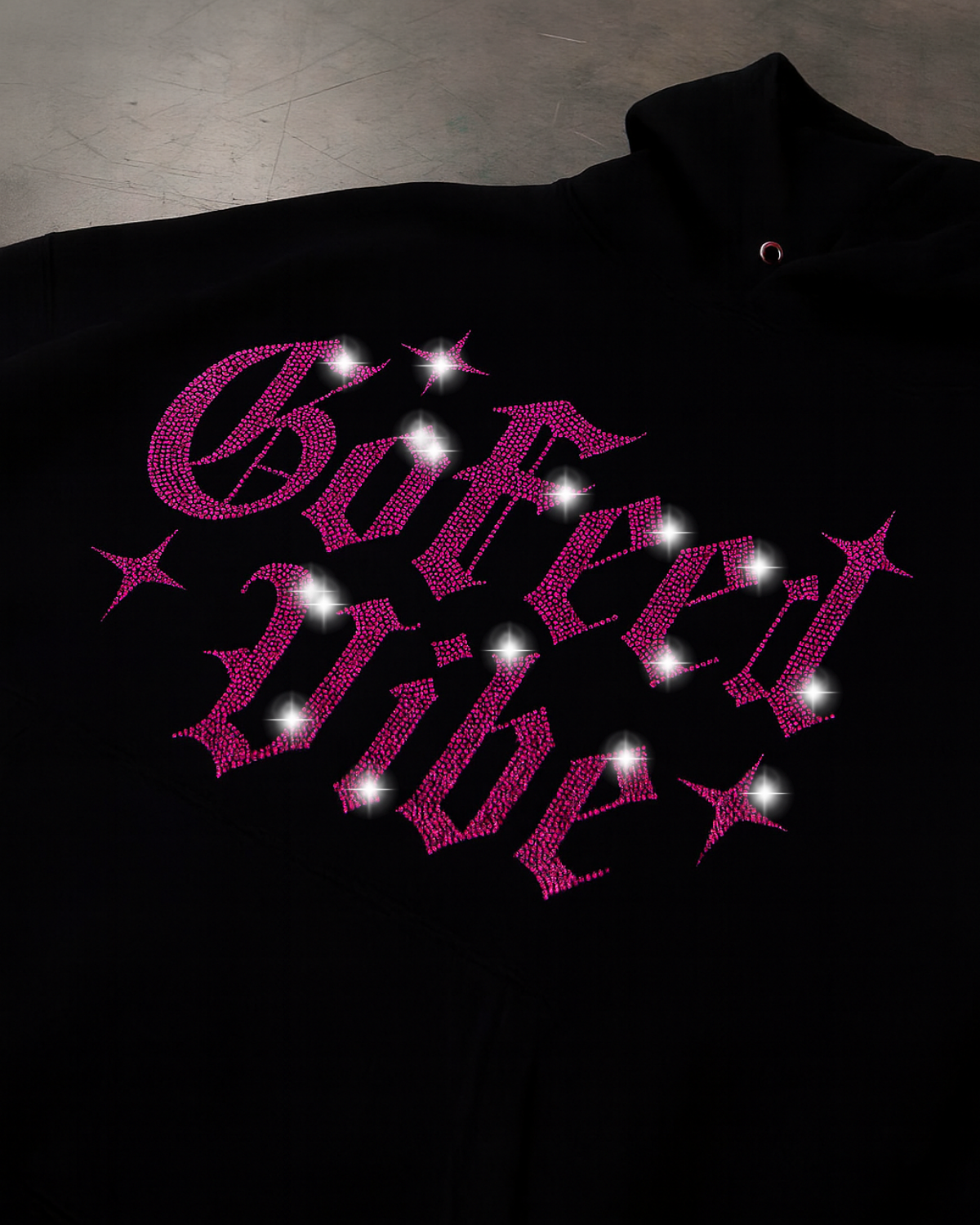 Siyah Unisex Oversize Pembe Gofeel Vibe Parıltılı Taş Baskılı Sweatshirt