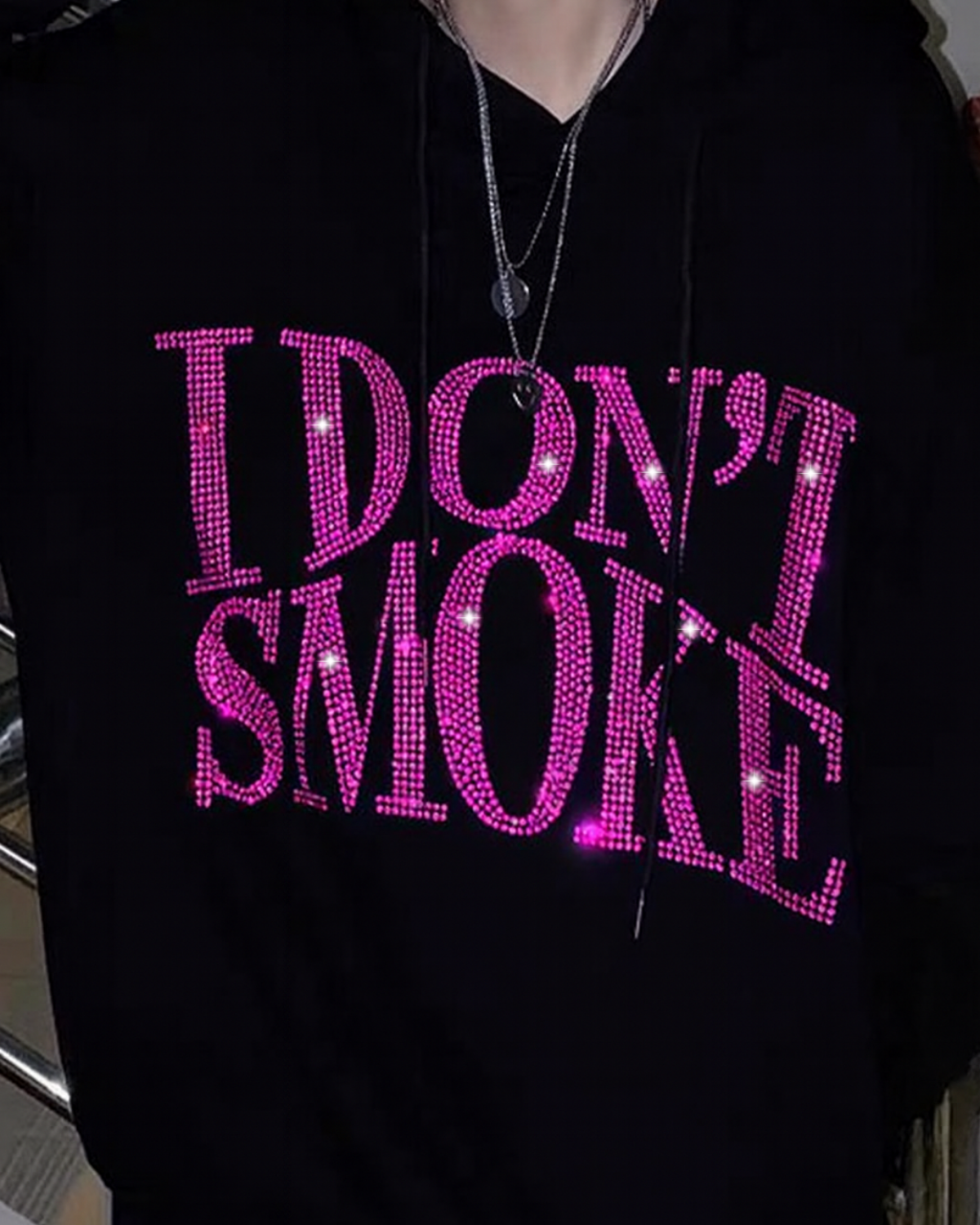 Siyah Unisex Oversize Pembe I Dont Smoke Parıltılı Taş Baskılı Sweatshirt