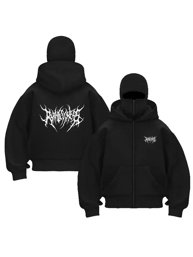 Siyah Unisex Oversize Tam Fermuarlı Maskeli Gotik Kapüşonlu Hoodie Sweatshirt