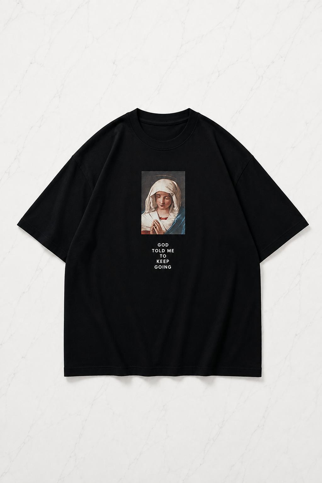 Siyah Virgin Mary Baskılı Kısa Kol Oversize T-Shirt