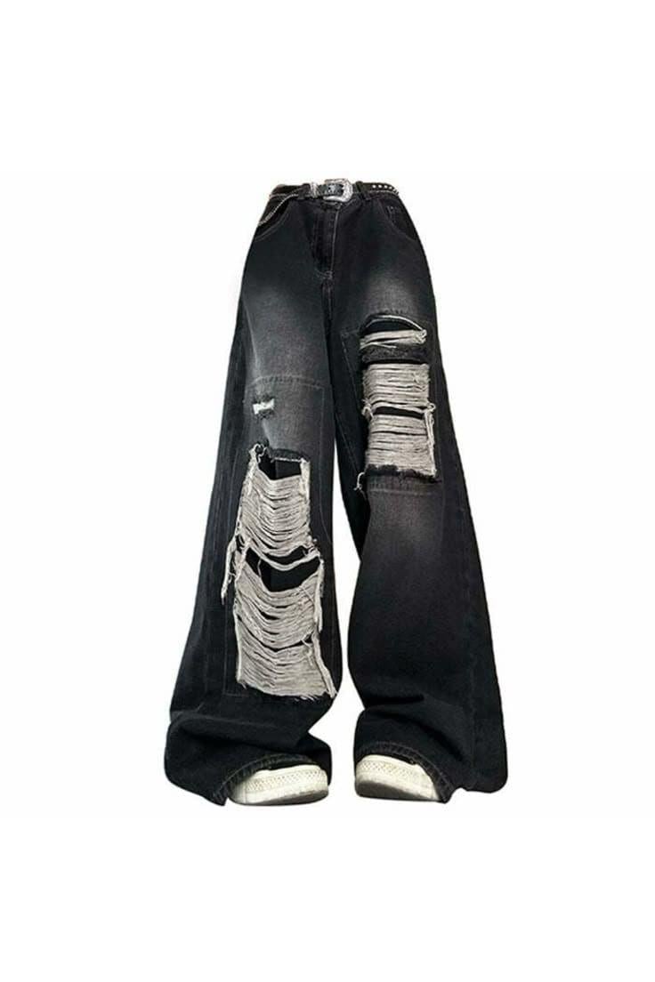Siyah Wide Leg Aşırı Yırtık Detaylı Siyah Jean