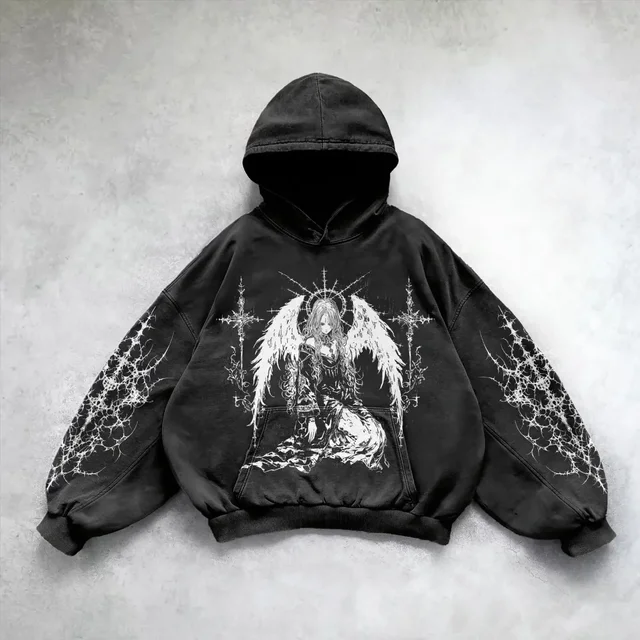 Siyah Winged Angel Gothic Kapüşonlu Sweatshirt