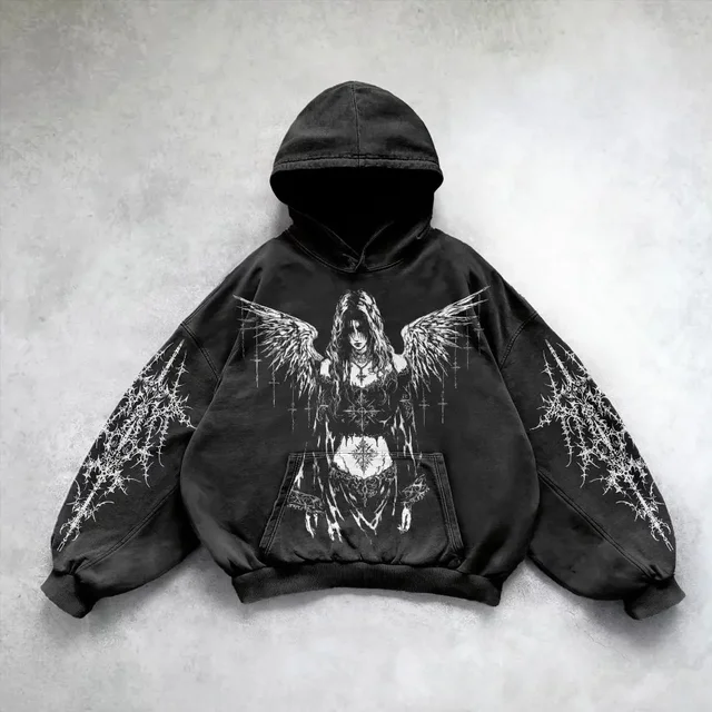 Siyah Women Tıred Wing Gothic Kapüşonlu Sweatshirt
