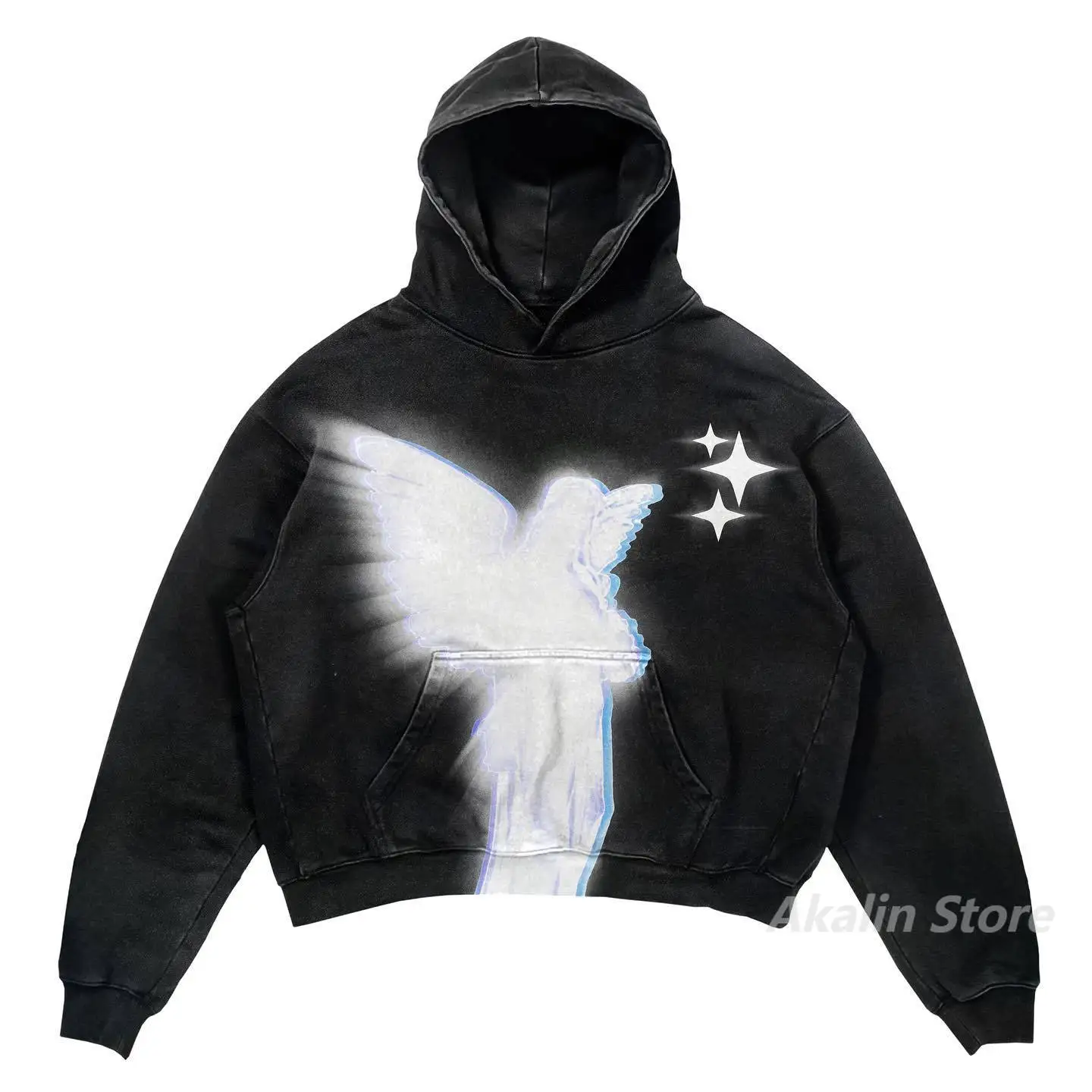 Siyah Yıkamalı White Angel Star Kapüşonlu Sweatshirt