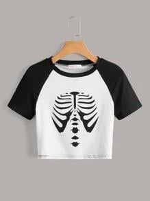 Skeleton Baskılı Crop Top