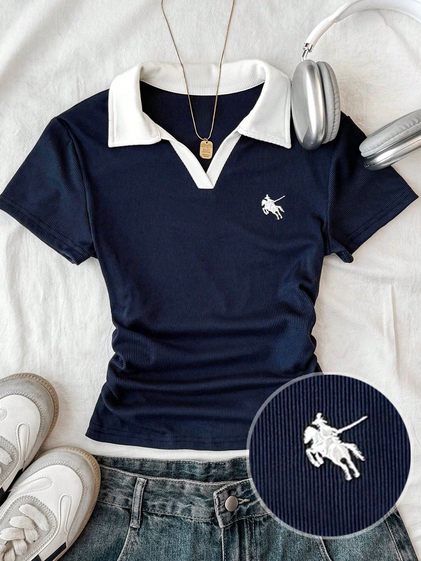 Solo Polo Yaka Lacivert Beyaz Yakalı Bluz