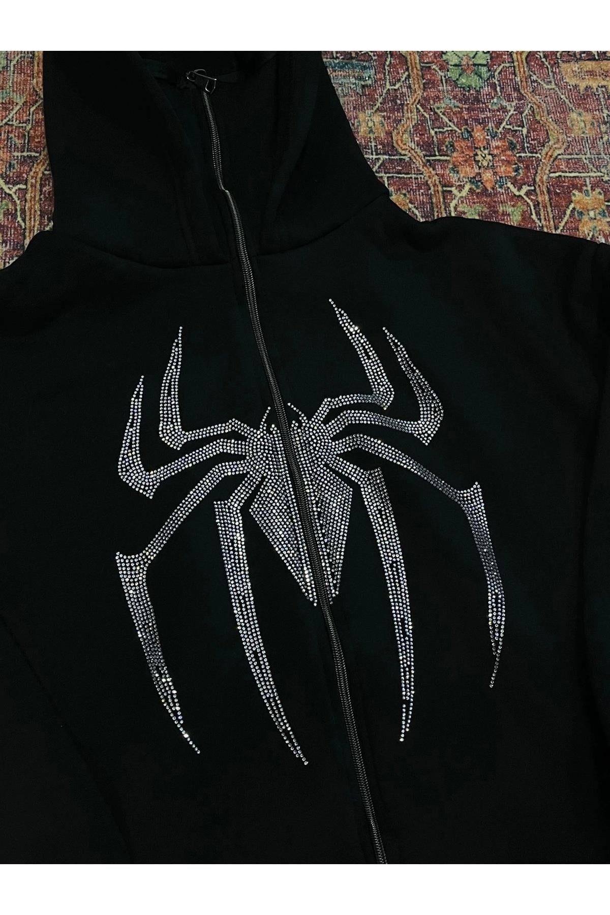 Spider Parıltılı Taş Detaylı Maskeli Hırka